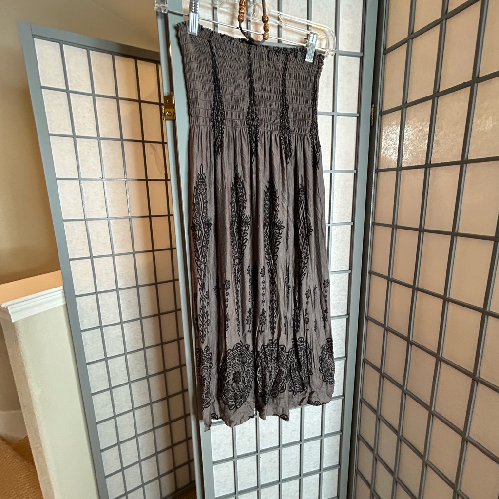 Elegant Gray And Black Smocked Sundress With Halter Straps